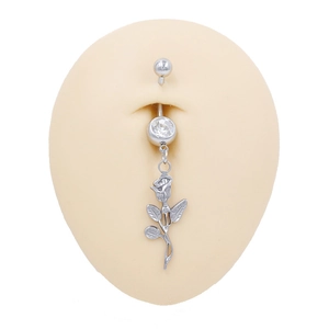 Surgical stainless steel belly ring with clear zircon and vintage rose pendant on model
