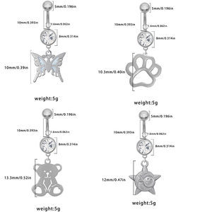 Unisex stainless steel belly rings with butterfly bear and moon pendants with dimensions