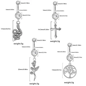 Size chart for stainless steel belly rings with dimensions for snake and cross pendants