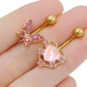 G23 Titan Bauchnabelpiercing mit rosa Schmetterling und Herzanhänger mit Kristallen