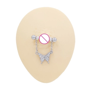Sparkling butterfly nipple shield ring with dangled chains and zircons on medical steel
