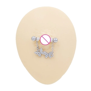 Silver butterfly nipple rings with cubic zirconia wings and hanging chain detail