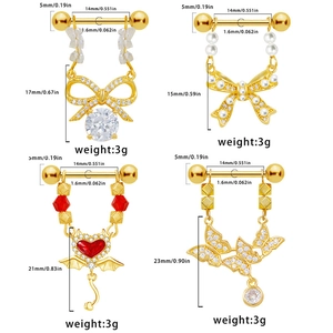 Set of four gold butterfly and heart dangle nipple rings with piercing specifications