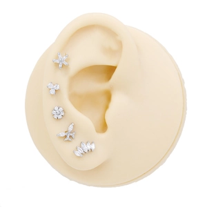 Lot de cinq boucles d'oreilles en acier titane argenté avec zircons pour perçages multiples