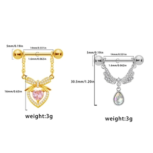 Detailed view of butterfly and angel wing nipple rings with sizing and dimensions