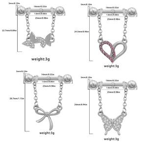 Set of four stainless steel nipple rings with butterfly and pink heart dangles