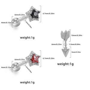 Clous d'oreilles cartilage en titane avec motifs étoile et flèche et dimensions