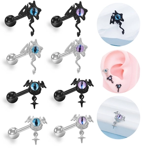 Gothic Dark Style Bat Dragon Wings Evil Eye Stud Earrings Titanium Steel Punk Piercing Jewelry For Men Women Ear Bone Studs