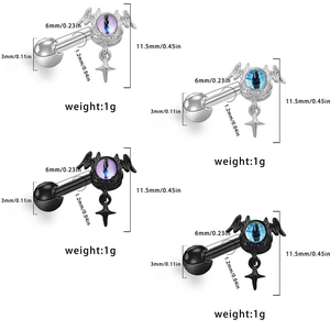 Gothic bat wing barbell earrings with colorful eyeballs and star cross pendants