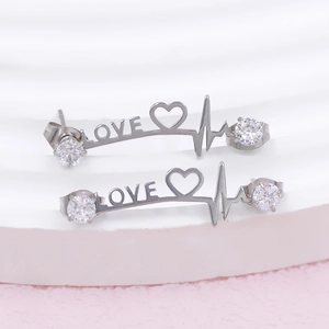 DIY LOVE Herzschlag Lange Ohrstecker aus Silberstahl mit klaren Zirkonia-Akzenten