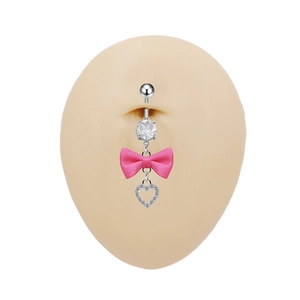Piercing ombelico in argento con fiocco rosa e pendente a cuore in zircone cubico