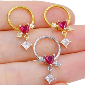 Arrow heart nose ring in gold and silver finish with red heart stone and white drop gem