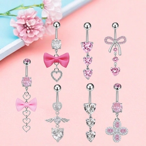 Set di piercing all'ombelico in titanio con fiocchi rosa e cuori in zircone