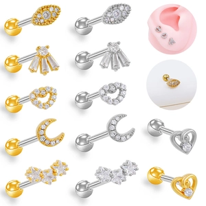 Titanium Steel Zirconia Stud Earrings Heart Moon Star Evil Eye Cartilage Piercing Jewelry Gold Silver Plated For Women