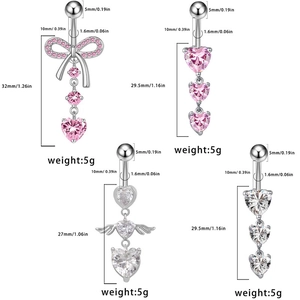 Set di piercing all'ombelico con fiocco e cuore in zircone, titanio e acciaio