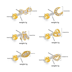 Titanium gold heart and moon stud earring set with sparkling white zircon stones