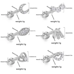 Size guide for 6 styles of titanium steel stud earrings with cubic zirconia in silver