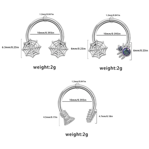 Gothic 16G stainless steel horseshoe nose rings with spider web and gemstone charms