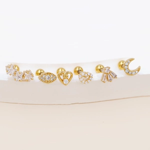 Set of 6 gold plated titanium steel cartilage studs with white zircon and ball backs