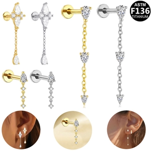 ASTM F136 Titanium Labret Piercing Zirconia Tassel Chain Ear Cartilage Stud Internally Threaded Lip Ring Body Jewelry