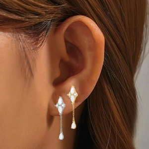 F136 titanium stud earring with zircon marquise cluster and long tassel chain drop