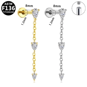 Detail of titanium tassel chain piercing with pear-cut zircon and internal thread screw