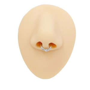 Detail van een zilveren roestvrijstalen dubbele septumring op een siliconen neusmodel
