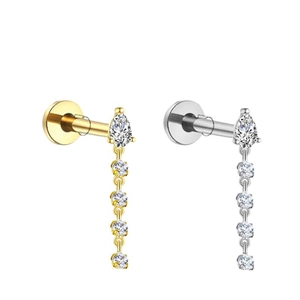 Titanium pear-shaped zircon tassel chain labret studs in silver and gold finishes