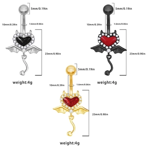 Gothic devil heart navel rings in gold, silver, and black with bat wings and zircon