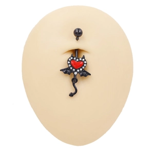 Gothic bat wing devil heart navel ring with black plating and red enamel stone