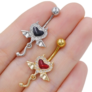 Gothic demon heart navel rings with bat wings and rhinestones in gold and silver