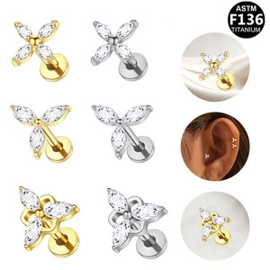 ASTM F136 Titanio Flat Back Labret Pendiente Marquesa Zirconia Flor Trébol Piercing Joyería Para Mujeres Hombres Oro Plata