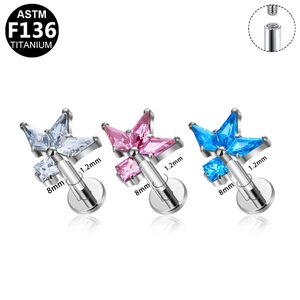 G23 titanium butterfly labret stud with colorful marquise zircon and internal thread