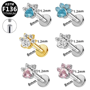 Macro detail of F136 titanium paw print piercing stud with internal thread structure