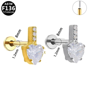 ASTM F136 titanium heart stud earrings with cubic zirconia in silver and gold colors