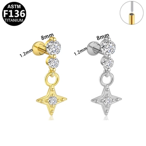Titanium F136 internally threaded stud earrings with zircon stars in gold and silver