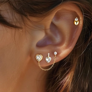 Elegant gold-plated heart stud earring set with clear zircon stones and chain link