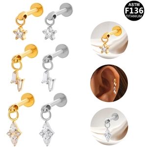 F136 Titanium Labret Stud Interne Schroefdraad Piercing Oorbel Met Ster Marquise Zirconia Platte Achterkant Titanium Sieraden