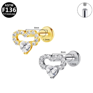 G23 titanium heart labret stud with zircon stones and internal thread design