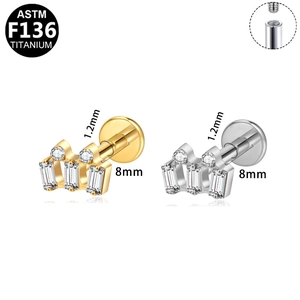 Detail of G23 titanium crown labret studs with cubic zirconia and internal threading