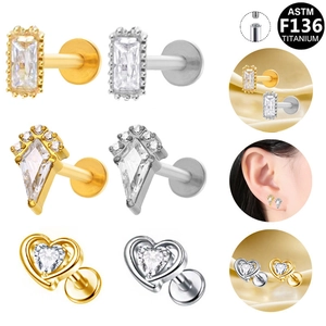 ASTM F136 G23 Titanium Alloy Heart Zirconia Labret Stud Earrings Minimalist Internal Thread Ear Piercing Jewelry For Women Men