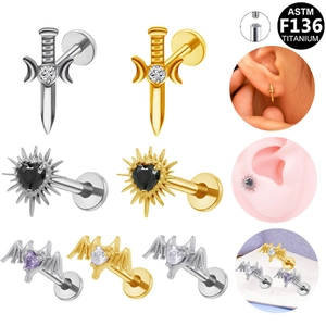 ASTM F136 Titanium Labret Stud Internally Threaded Bat Wings Heart Dagger Ear Bone Stud Rhinestone Piercing Jewelry