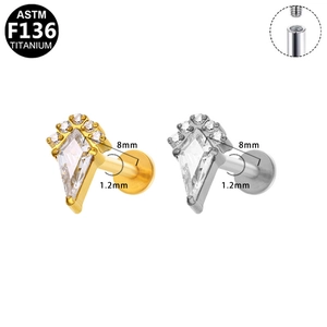 Detail of G23 titanium heart labret with kite-shaped zircon and internal thread detail