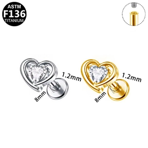G23 titanium heart-shaped labret stud with zircon stone and internal threading