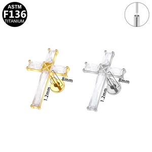 ASTM F136 Titan Kreuz Labret Stecker mit Zirkonia Steinen in Gold und Silber Optik