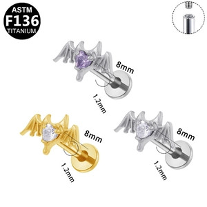 G23 titanium bat stud earrings with heart-shaped zircon stones and internal threads