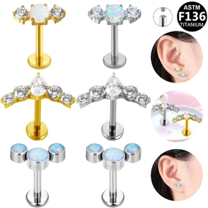 ASTM F136 Titanium Internal Thread Artificial Opal Labret Stud Earrings Piercing Jewelry Rhinestone Ear Bone Nail For Unisex