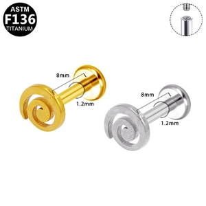 Macro-detail van ASTM F136 titanium labret-studs met binnendraad in goud en zilver