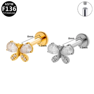 Titanium vlinder labret sieraad met zirkonia en intern schroefdraad 1,2mm x 8mm