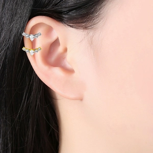 Minimalist V-shape titanium ear cuffs with pear-cut zircon in gold and silver plating